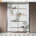 Modern Shelf Cabinet With Glass Doors Bamboo Pattern And Decorative Wooden Shelves