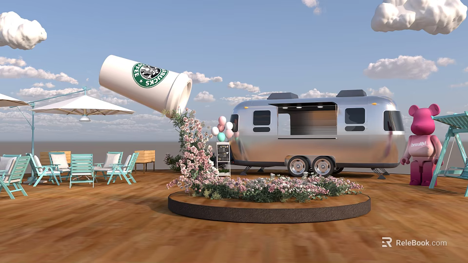 Silver Café Truck With Tilted Starbucks Cup Pouring Pink Flowers Light Blue Chairs Tables Umbrella Wooden Floor 3d model 