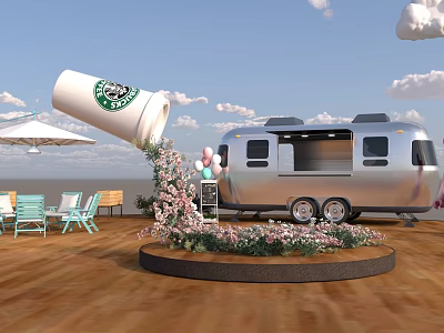 Silver Café Truck With Tilted Starbucks Cup Pouring Pink Flowers Light Blue Chairs Tables Umbrella Wooden Floor 3d model