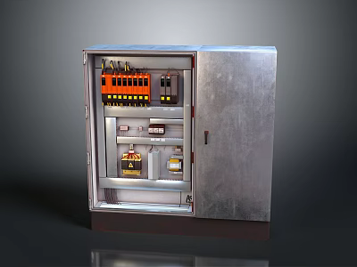 Electrical Distribution Box With Metal Enclosure And Orange Circuit Breakers 3d model