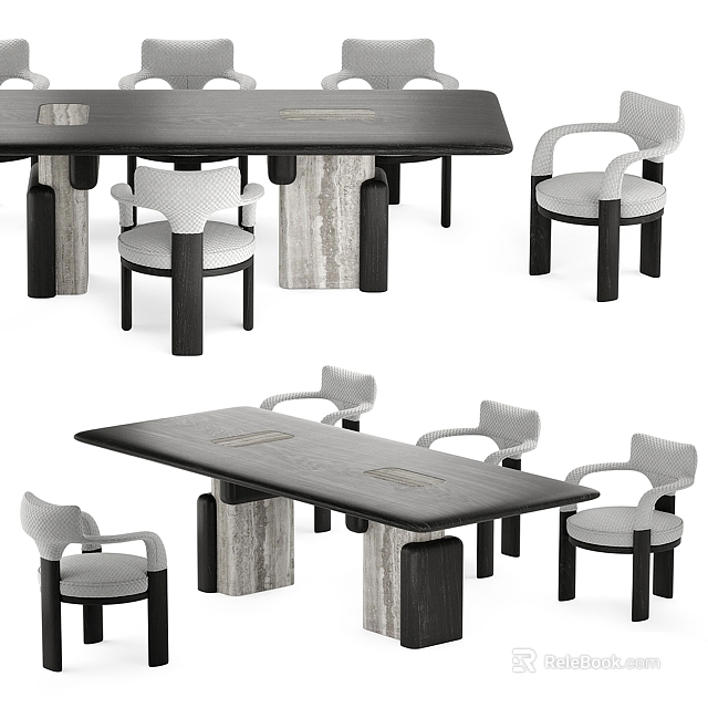 Modern Dining Table Set with Marble Legs and Light Gray Upholstered Chairs 3d model 