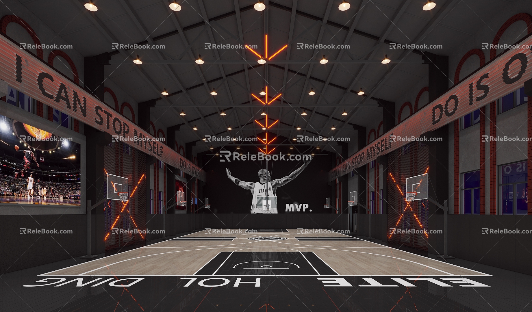 Modern basketball court basketball stand TV mining lamp barbed wire neon lights 3d model