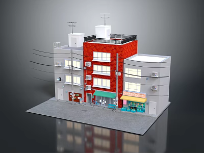 Cartoon Scene of Multi Story Building with Red White Facade Shops Windows and Rooftop Antennas 3d model