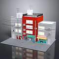 Cartoon Scene of Multi Story Building with Red White Facade Shops Windows and Rooftop Antennas