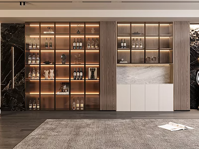 Modern Luxury Wine Cabinet With Glass Doors LED Lighting Wine Bottles And Glassware 3d model