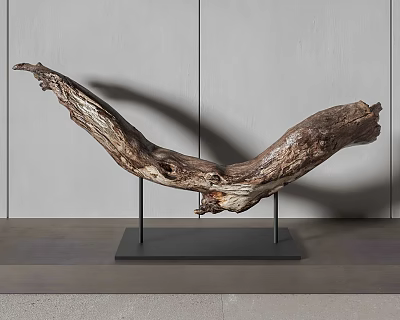 Carved Wooden Sculpture Curved Natural Shape On Black Metal Stand Gray Wall 3d model