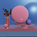 Stylish Pink Sphere Decor with Red Flower Vase on Blue Display Stand 3d model