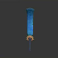 Blue Glowing Fantasy Weapon With Crystal Blade And Golden Sunburst Decorations