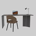 Modern Minimalist Dark Colored Desk With Beige Chair Laptop And Desk Lamp
