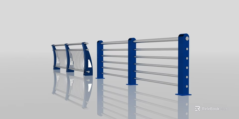 Modern Blue Railing With Silver Horizontal Bars And Circular Holes On Posts 3d model 