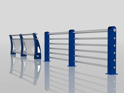 Modern Blue Railing With Silver Horizontal Bars And Circular Holes On Posts 3d model