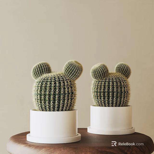 Mickey Ear Shaped Cactus Decorative Ornament Set With White Pots For Home Decor 3d model 