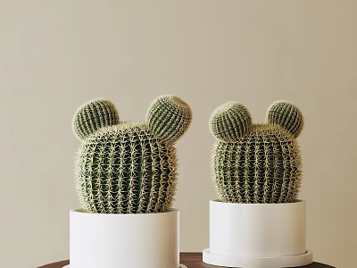 Mickey Ear Shaped Cactus Decorative Ornament Set With White Pots For Home Decor 3d model