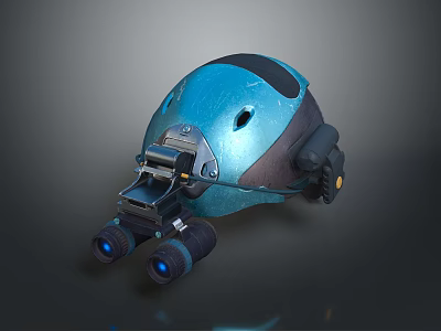 Tactical Weapon Helmet With Blue Exterior And Binocular Attachment For Military Combat Operations 3d model