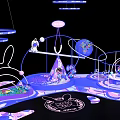 Futuristic Exhibition Installation With Hanging Rings Neon Lights Rabbit Shape And Globe 3d model