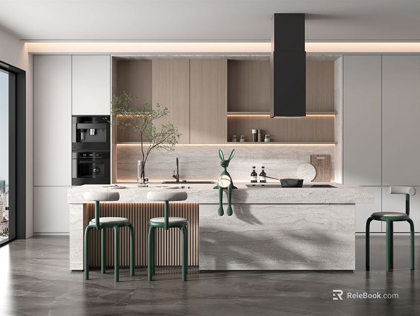Modern Kitchen Interior Design With Island Counter Cabinets Green Plant And Stools 3d model 