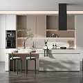 Modern Kitchen Interior Design With Island Counter Cabinets Green Plant And Stools
