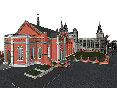 European Style Commercial Street With Red Brick Buildings Spires Crosses And Landscaped Plaza 3d model