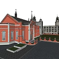 European Style Commercial Street With Red Brick Buildings Spires Crosses And Landscaped Plaza