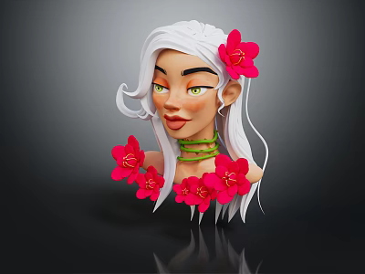 3D Game and Movie Character Portrait With Long White Hair Green Eyes and Pink Flowers 3d model
