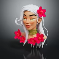 3D Game and Movie Character Portrait With Long White Hair Green Eyes and Pink Flowers