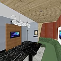 KTV Room Interior With Green Sofa Black Marble Table TV Screens And Pendant Lights
