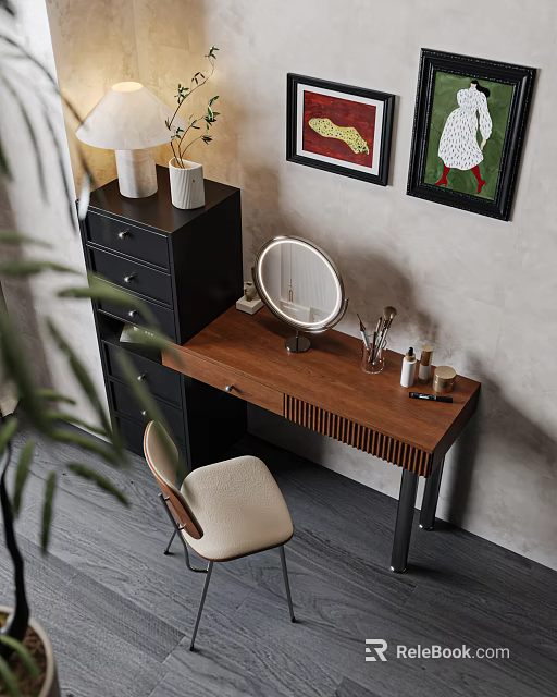 Wooden Dressing Table With Brown Top Round Mirror Black Cabinet And Beige Chair 3d model 