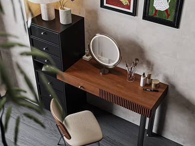 Wooden Dressing Table With Brown Top Round Mirror Black Cabinet And Beige Chair 3d model