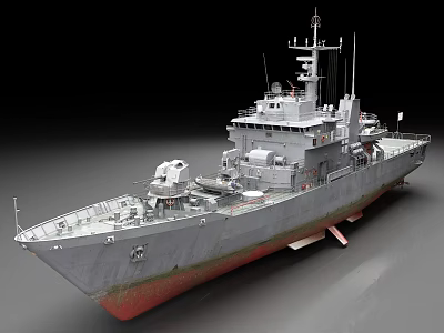 Grey Warship With Red Bottom Upper Structure Radar Antennas And Deck Equipment 3d model