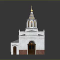 White Church Building With Golden Spire Cross Arched Door And Red Brick Base