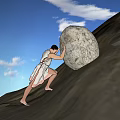 Man Pushing Heavy Rock Uphill on Mountain Slope Under Clear Blue Sky