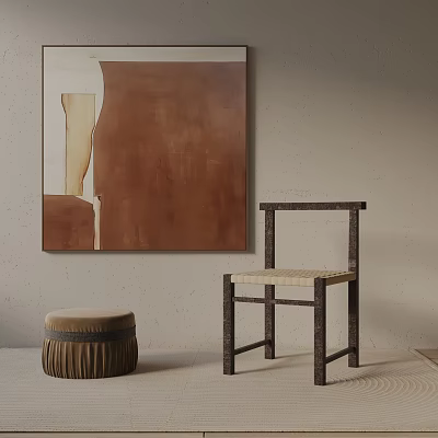 Minimalist Interior With Beige Wall Large Brown Painting Accent Chair And Round Woven Ottoman 3d model