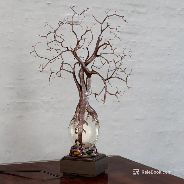 Tree Shaped Table Lamp Featuring Metal Branches Transparent Glass Globe and Colorful Base 3d model 