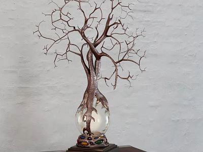 Tree Shaped Table Lamp Featuring Metal Branches Transparent Glass Globe and Colorful Base 3d model