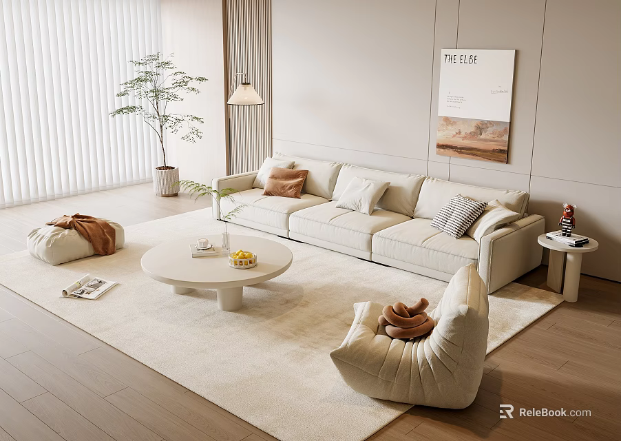 Modern Beige Sofa and Coffee Table Set with Bean Bag Chair in Light Living Room 3d model 