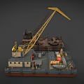 Two Industrial Ships With Yellow And Rustic Cranes On Deck And Machinery