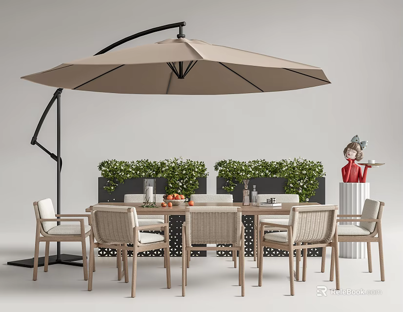 Outdoor Woven Table with Chairs and Beige Cantilever Umbrella Surrounded by Green Plant Wall 3d model 