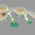 Modern Playground Equipment With Multi Level Platforms Green Slides And White Railings