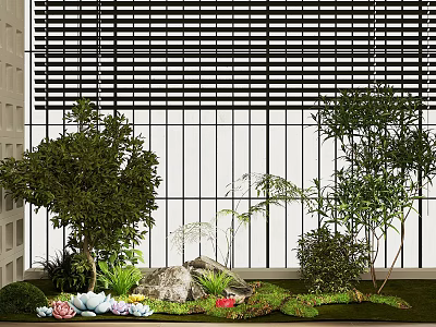 Modern Plant Combination With Various Trees Shrubs Rocks Green Grass And Window Blinds 3d model