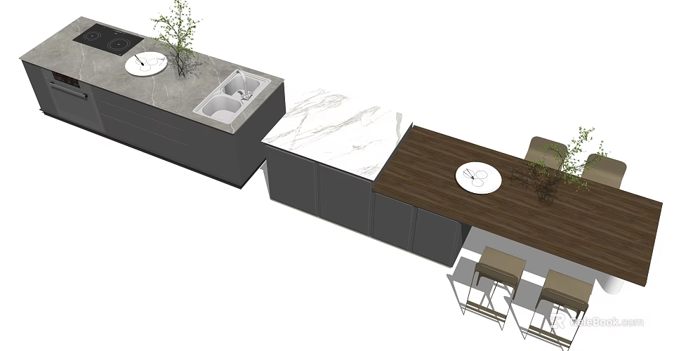 Modern Open Kitchen Interior With Marble Island And Wooden Countertop And Stools 3d model 