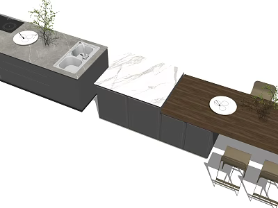Modern Open Kitchen Interior With Marble Island And Wooden Countertop And Stools 3d model