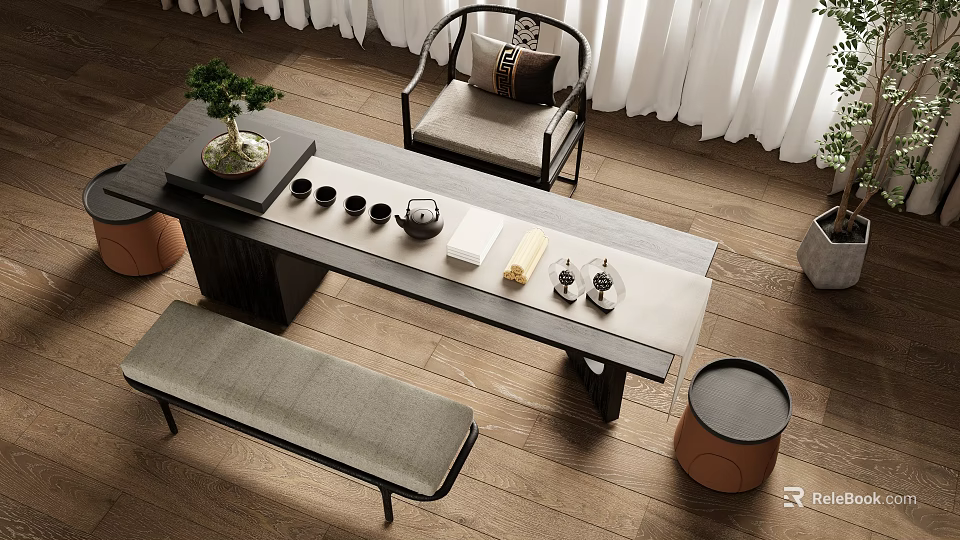 Modern Tea Table and Chairs with Sleek Design Bench Tea Set Green Plant and Scroll 3d model 