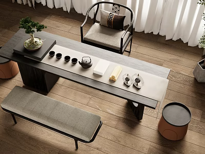 Modern Tea Table and Chairs with Sleek Design Bench Tea Set Green Plant and Scroll 3d model