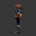 Traditional Warrior Character In Blue Top With Conical Hat Orange Belt And Sword Pouches