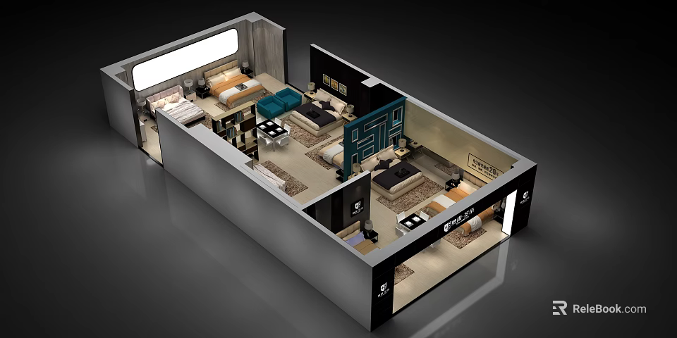 Bedroom Furniture Showroom Interior With Multiple Bed Sets And Rugs 3d model 
