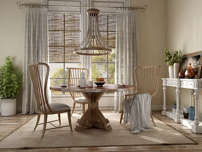 Wooden Dining Table Set With Cushioned Chairs Fruit Bowl And Chandelier By Window 3d model