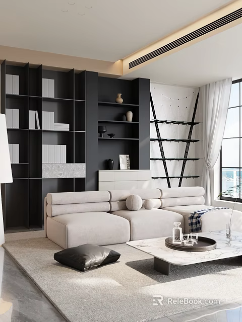Modern Living Room Interior Design With Light Beige L Shaped Sofa And Black Open Bookshelves 3d model 