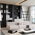 Modern Living Room Interior Design With Light Beige L Shaped Sofa And Black Open Bookshelves