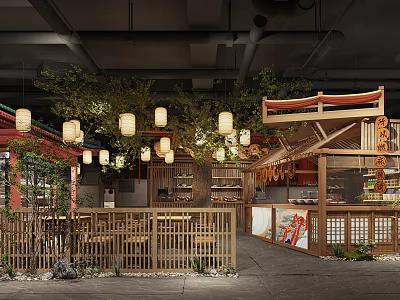 Traditional Japanese Style Restaurant Interior With Hanging Lanterns Wooden Structures And Green Plants 3d model