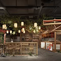 Traditional Japanese Style Restaurant Interior With Hanging Lanterns Wooden Structures And Green Plants